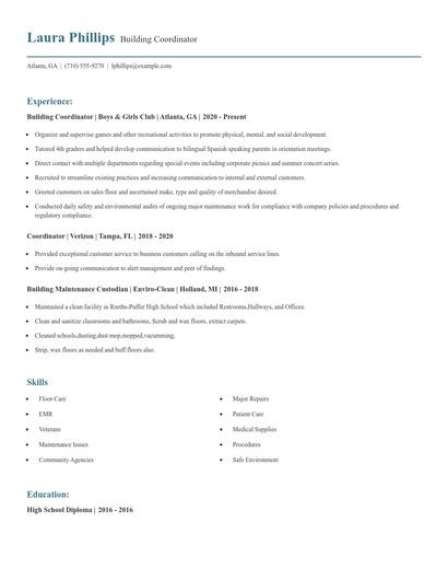 Building Coordinator Resume