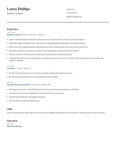 Building Coordinator Resume