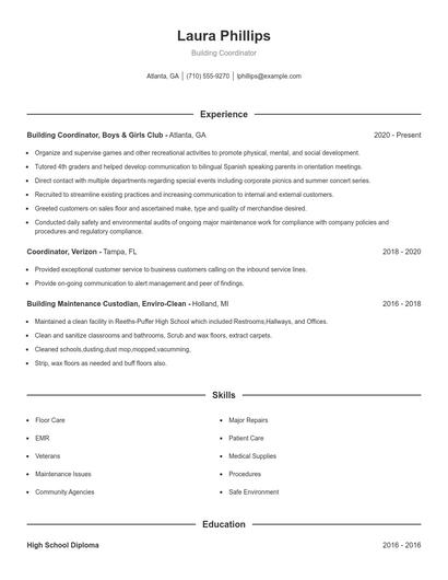 Building Coordinator Resume
