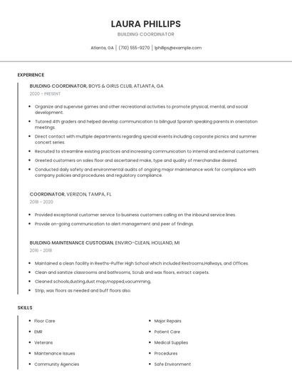 Building Coordinator Resume