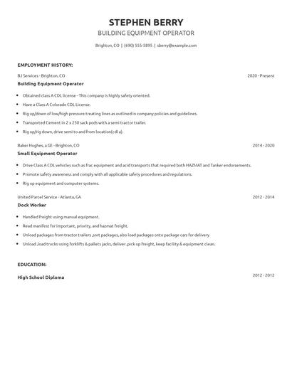 Building Equipment Operator Resume