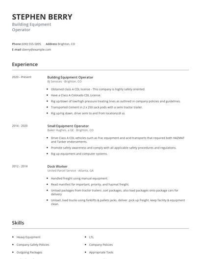 Building Equipment Operator Resume