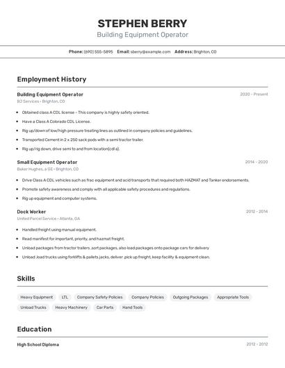 Building Equipment Operator Resume