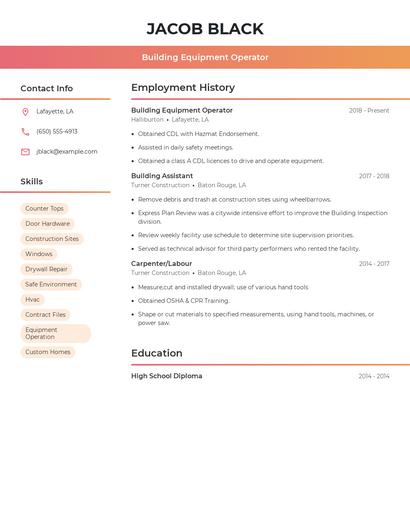 Building Equipment Operator Resume