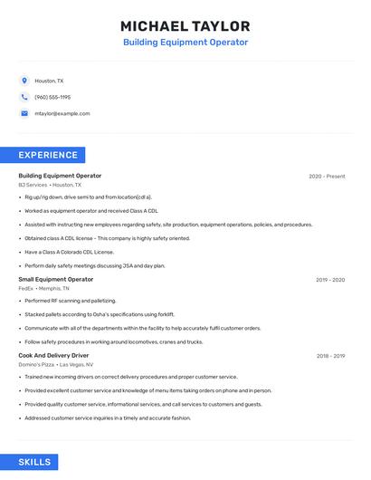 Building Equipment Operator Resume