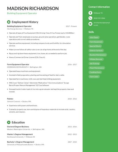 Building Equipment Operator Resume