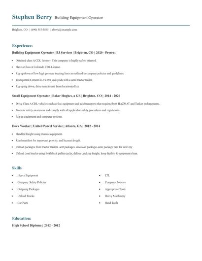 Building Equipment Operator Resume