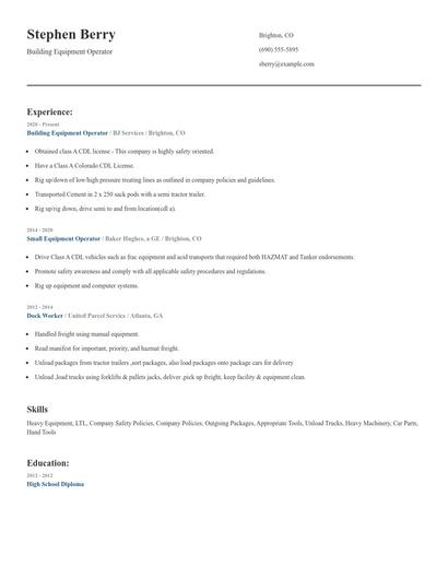 Building Equipment Operator Resume
