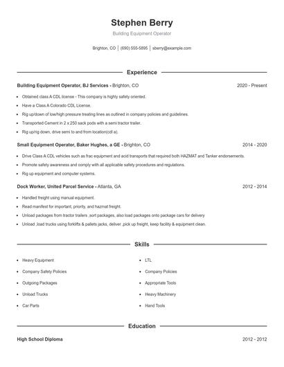 Building Equipment Operator Resume