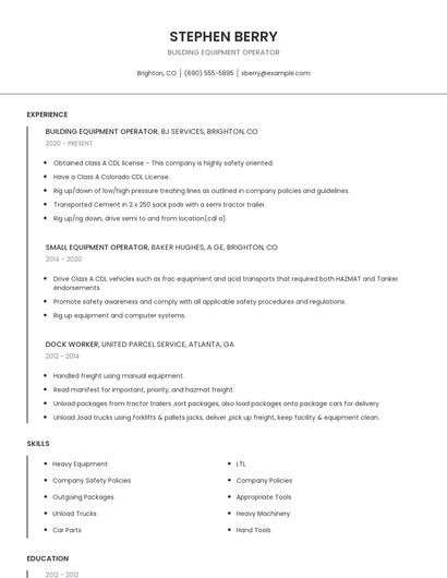 Building Equipment Operator Resume