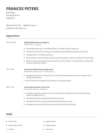 Building Maintenance Engineer Resume