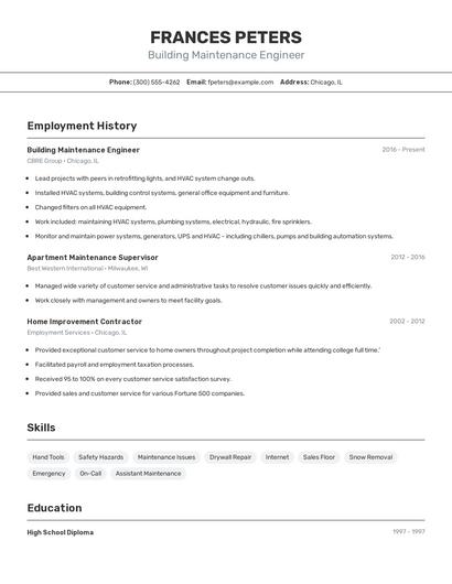 Building Maintenance Engineer Resume