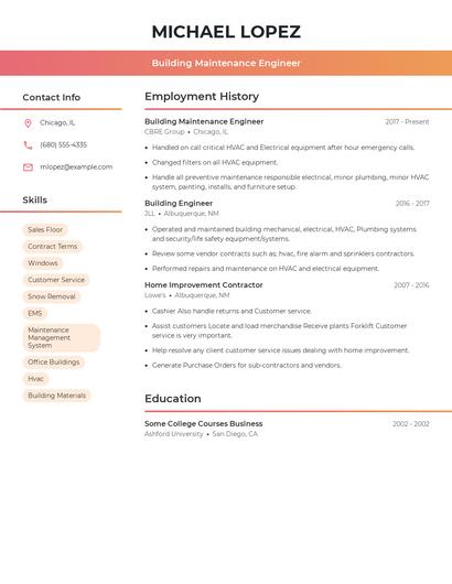 Building Maintenance Engineer Resume