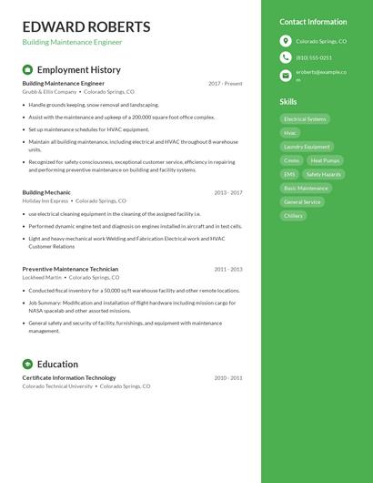 Building Maintenance Engineer Resume