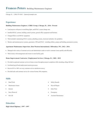 Building Maintenance Engineer Resume