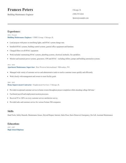Building Maintenance Engineer Resume