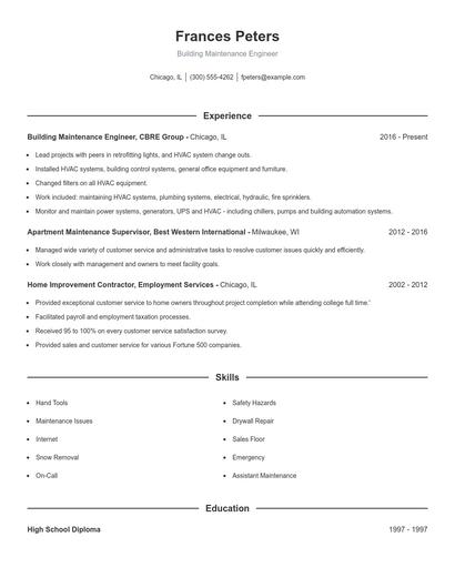 Building Maintenance Engineer Resume