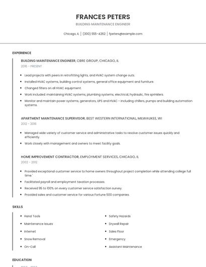 Building Maintenance Engineer Resume