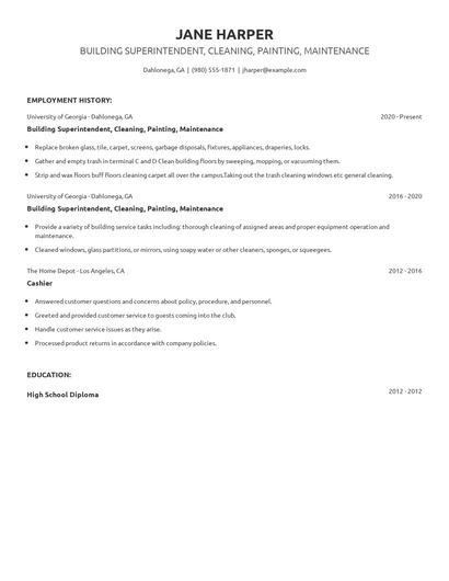 Building Superintendent, Cleaning, Painting, Maintenance Resume