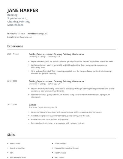 Building Superintendent, Cleaning, Painting, Maintenance Resume