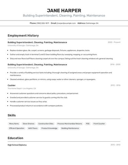 Building Superintendent, Cleaning, Painting, Maintenance Resume