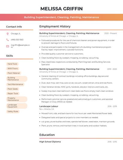 Building Superintendent, Cleaning, Painting, Maintenance Resume