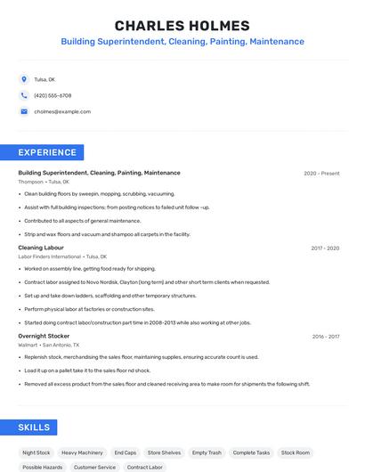 Building Superintendent, Cleaning, Painting, Maintenance Resume