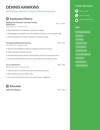 Building Superintendent, Cleaning, Painting, Maintenance Resume