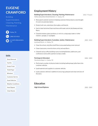 Building Superintendent, Cleaning, Painting, Maintenance Resume