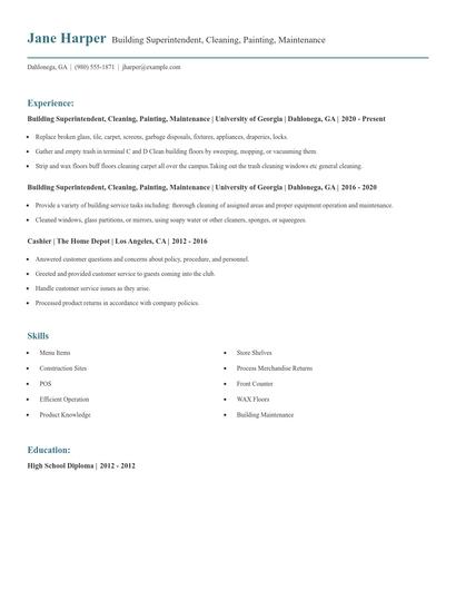 Building Superintendent, Cleaning, Painting, Maintenance Resume
