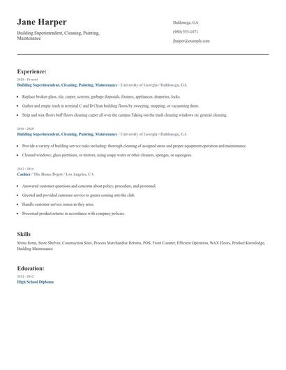 Building Superintendent, Cleaning, Painting, Maintenance Resume