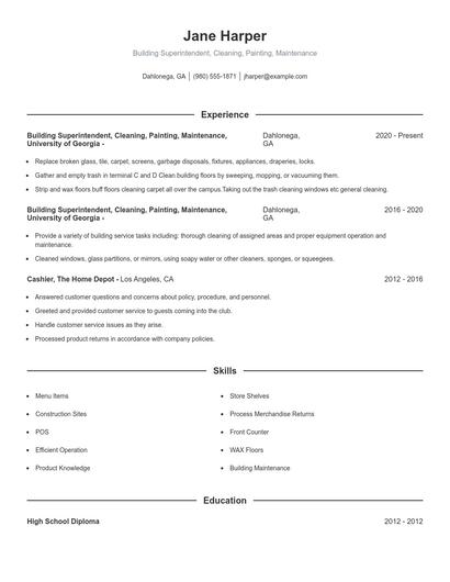 Building Superintendent, Cleaning, Painting, Maintenance Resume