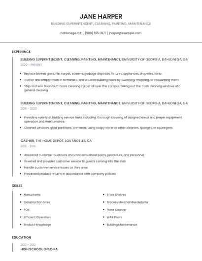 Building Superintendent, Cleaning, Painting, Maintenance Resume