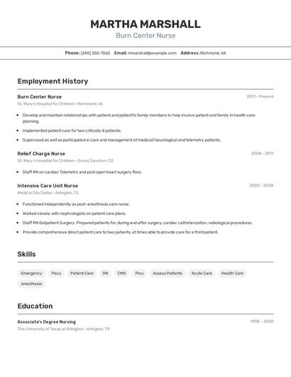 Burn Center Nurse Resume