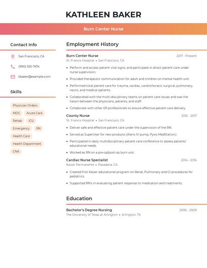 Burn Center Nurse Resume