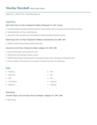 Burn Center Nurse Resume