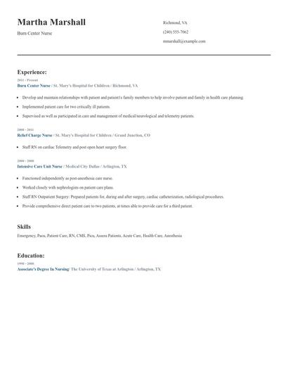 Burn Center Nurse Resume