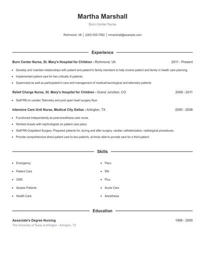 Burn Center Nurse Resume