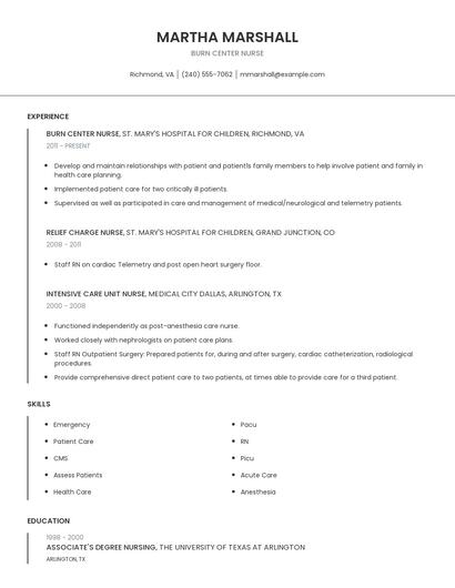 Burn Center Nurse Resume