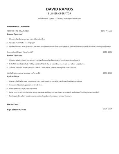 Burner Operator Resume