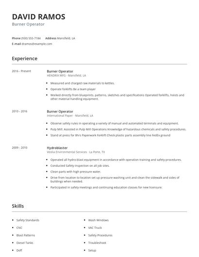 Burner Operator Resume