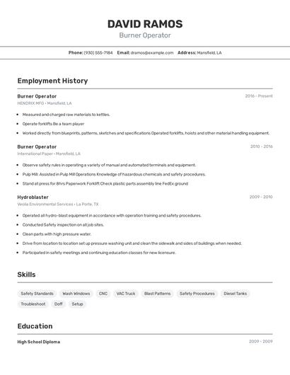 Burner Operator Resume