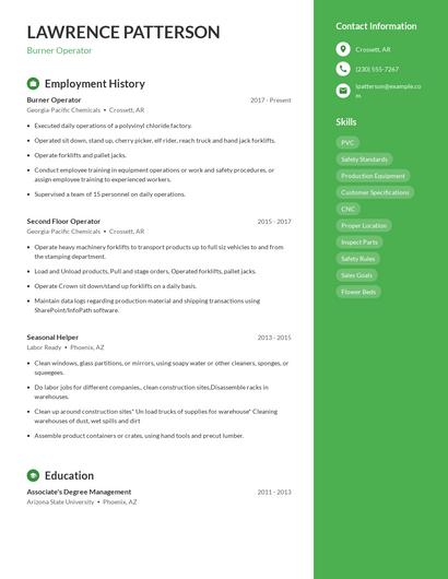Burner Operator Resume