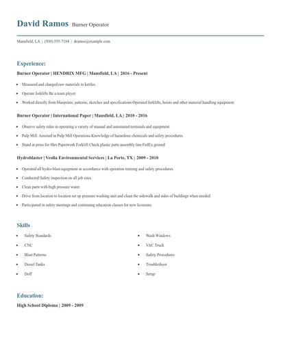 Burner Operator Resume