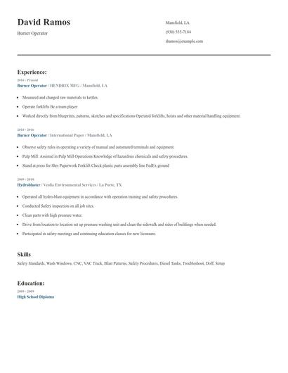 Burner Operator Resume