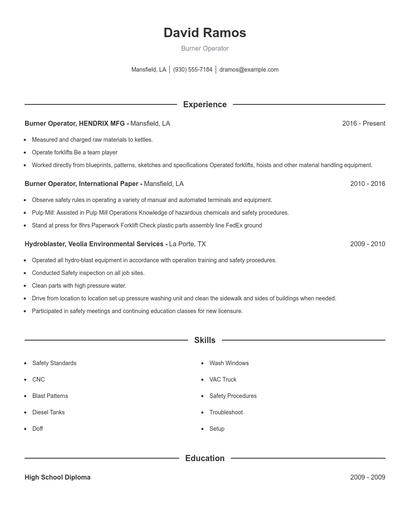Burner Operator Resume