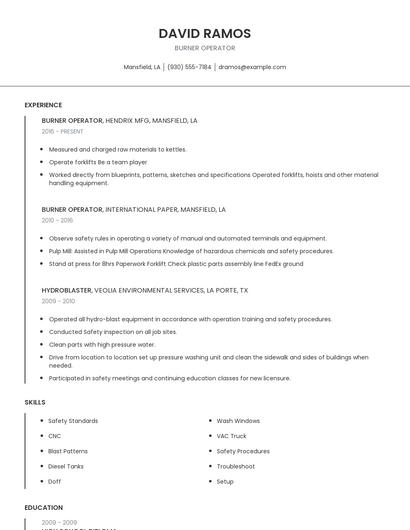 Burner Operator Resume