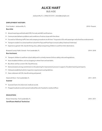 Bus Aide Resume