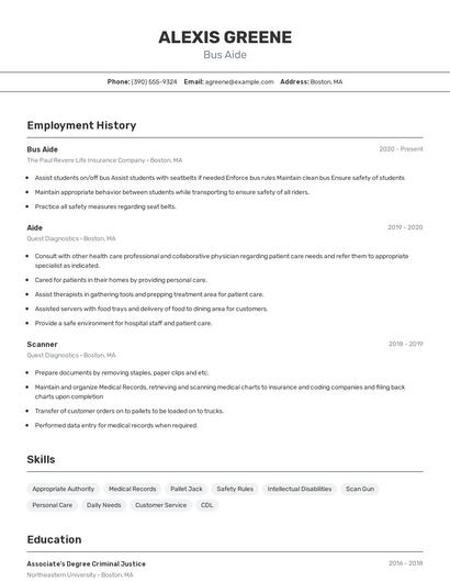 Bus Aide Resume