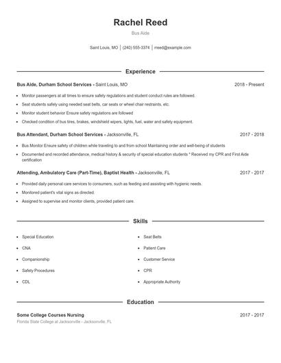 Bus Aide Resume